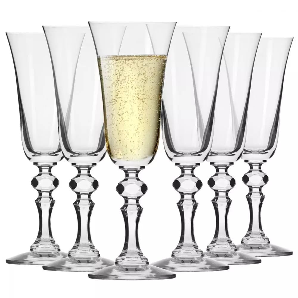 Krosno Champagne Glasses Set of 6-165ml Crystal Champagne Glasses for Prosecco and Sparkling Wine - Tulip Glasses with Decorated Stem, Lead-Free Crystal - Krista Collection