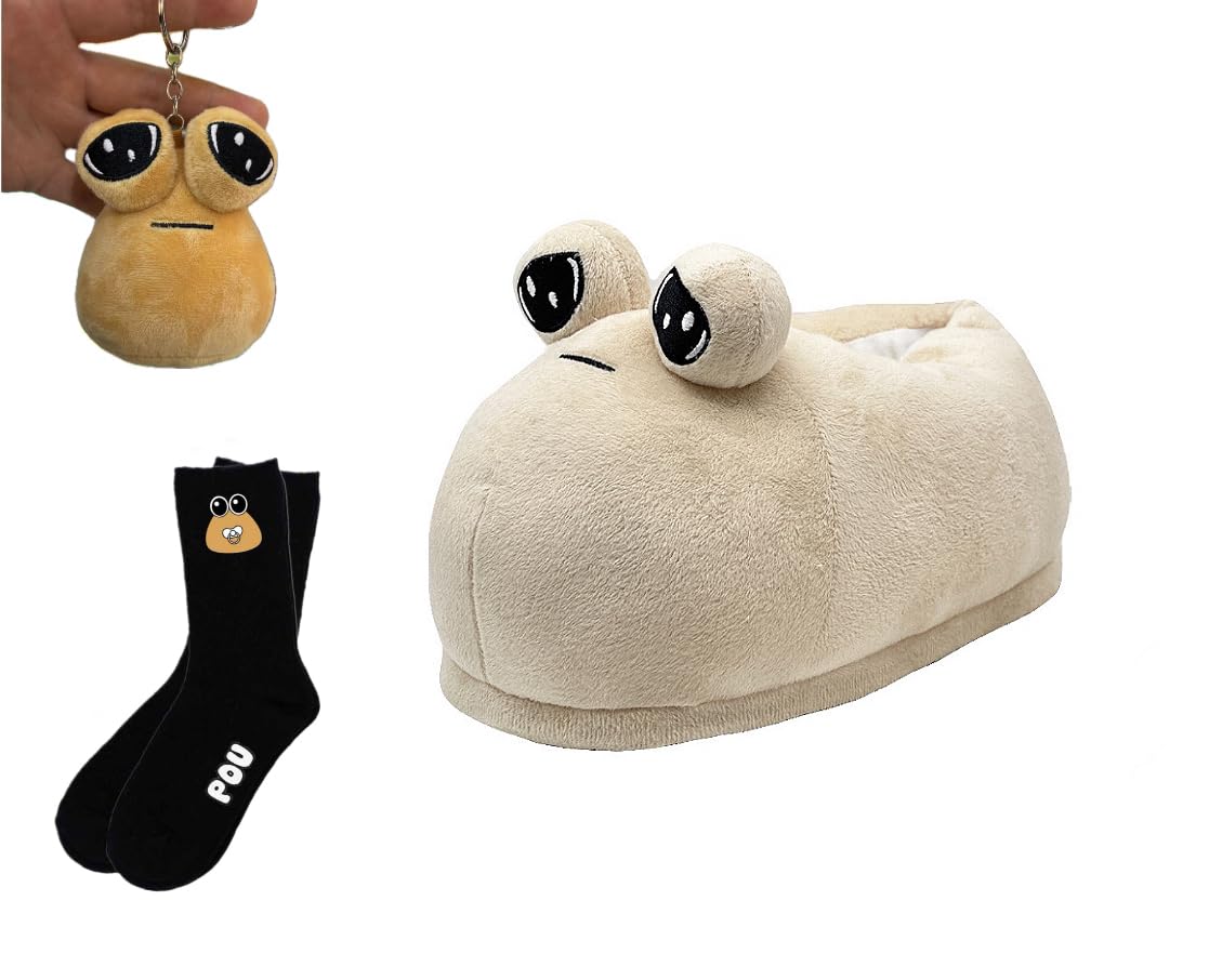 Hanicamola Sad Pou Plush Slippers with Socks and Keychain, Kawaii