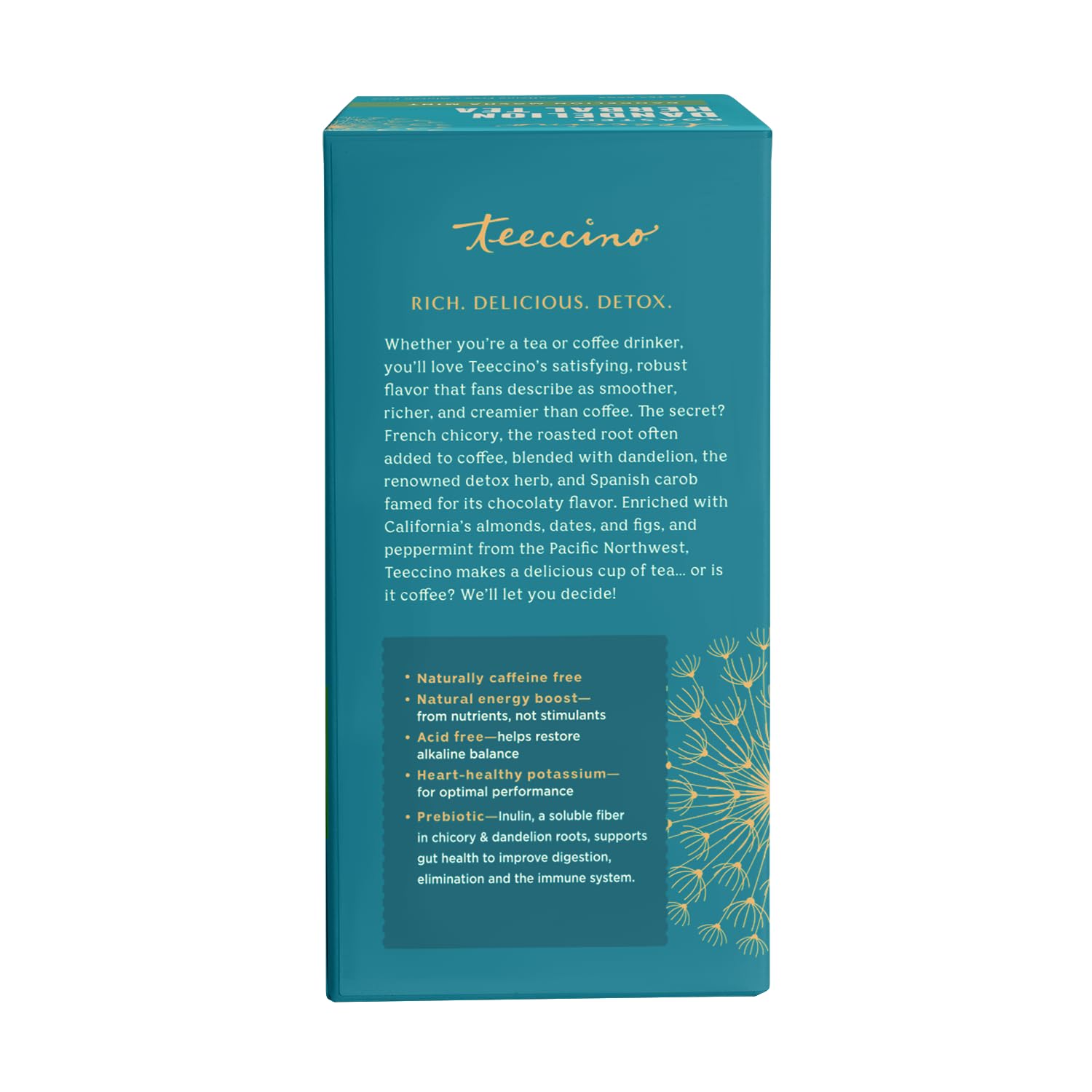 Teeccino Dandelion Root Tea - Mocha Mint - Caffeine Free, Roasted Herbal Tea with Prebiotics, 3x More Herbs than Regular Tea Bags, Gluten Free - 25 Tea Bags