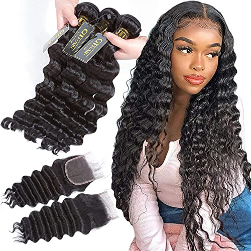 QTHAIR 12A Brazilian Loose Deep Wave Human Hair Bundles with Closure(12" 14" 16"+10",Natural Black) 130% Density Swiss Lace Brazilian Human Hair Lace Closure 100% Unprocessed Brazilian Virgin Hair