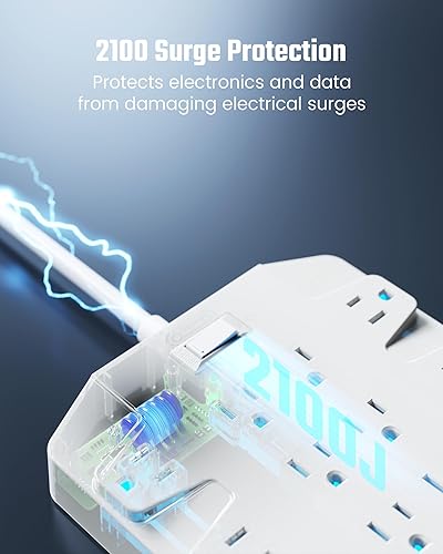 Miniatura 5 de SUPERDANNY - Protector de sobretensiones con 22 tomacorrientes, 2 USB-C y 4 USB-A, 2100J, cable de extensión resistente de enchufe plano de 6.5 pies