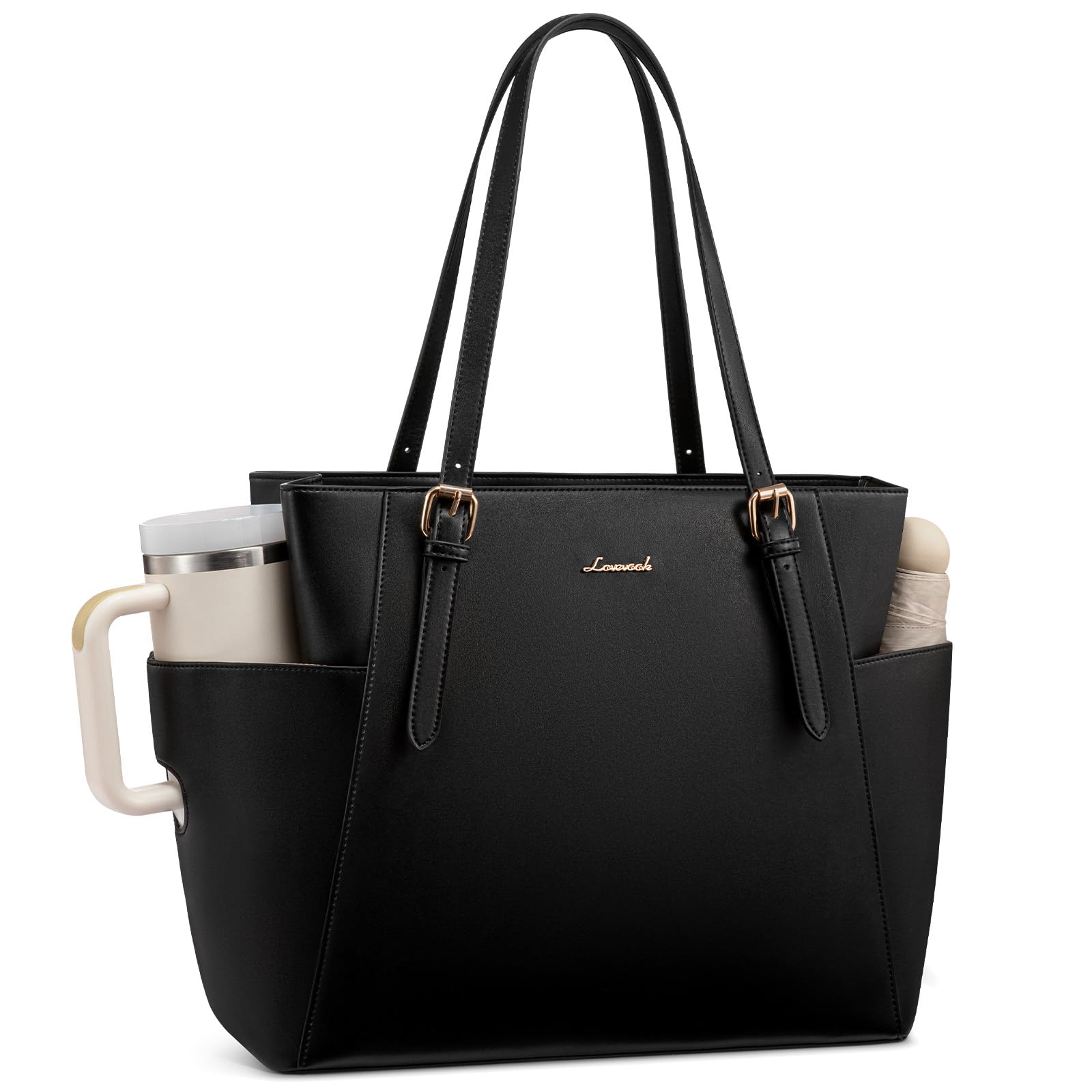 LOVEVOOK Handtasche Damen Groß, PU Leder Arbeitstasche, Laptoptasche, Große Wasserflaschen-Tasche Außen, Lehrertasche, Aktentasche, Stylische Shopper Tasche für Uni, Business, Büro und Reise