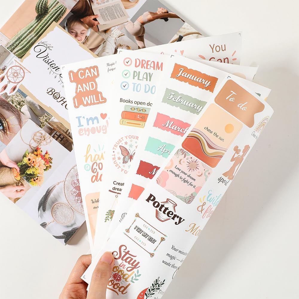 Vision Board Book Kit – 1100+ Boho Aesthetic Matte Clip Art, 20+ Themes, 70 Double-Sided Pages, Repositionable Stickers & Alphabet Sheets for Journaling, Scrapbooks, Creative Planning & Mood Boards