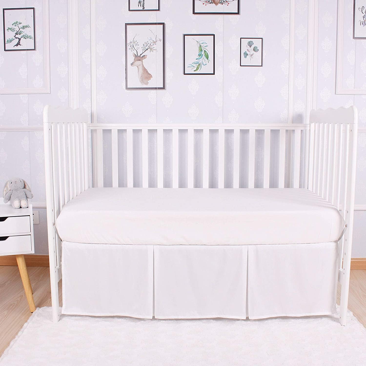 Box Pleated Crib Bed Skirt Premium 100% Cotton 800 Thread Count Nursery Crib Toddler Bedding Crib Bedskirt for Baby Boys or Baby Girls, (28" x 52") + 14" Drop Lenght - White Solid