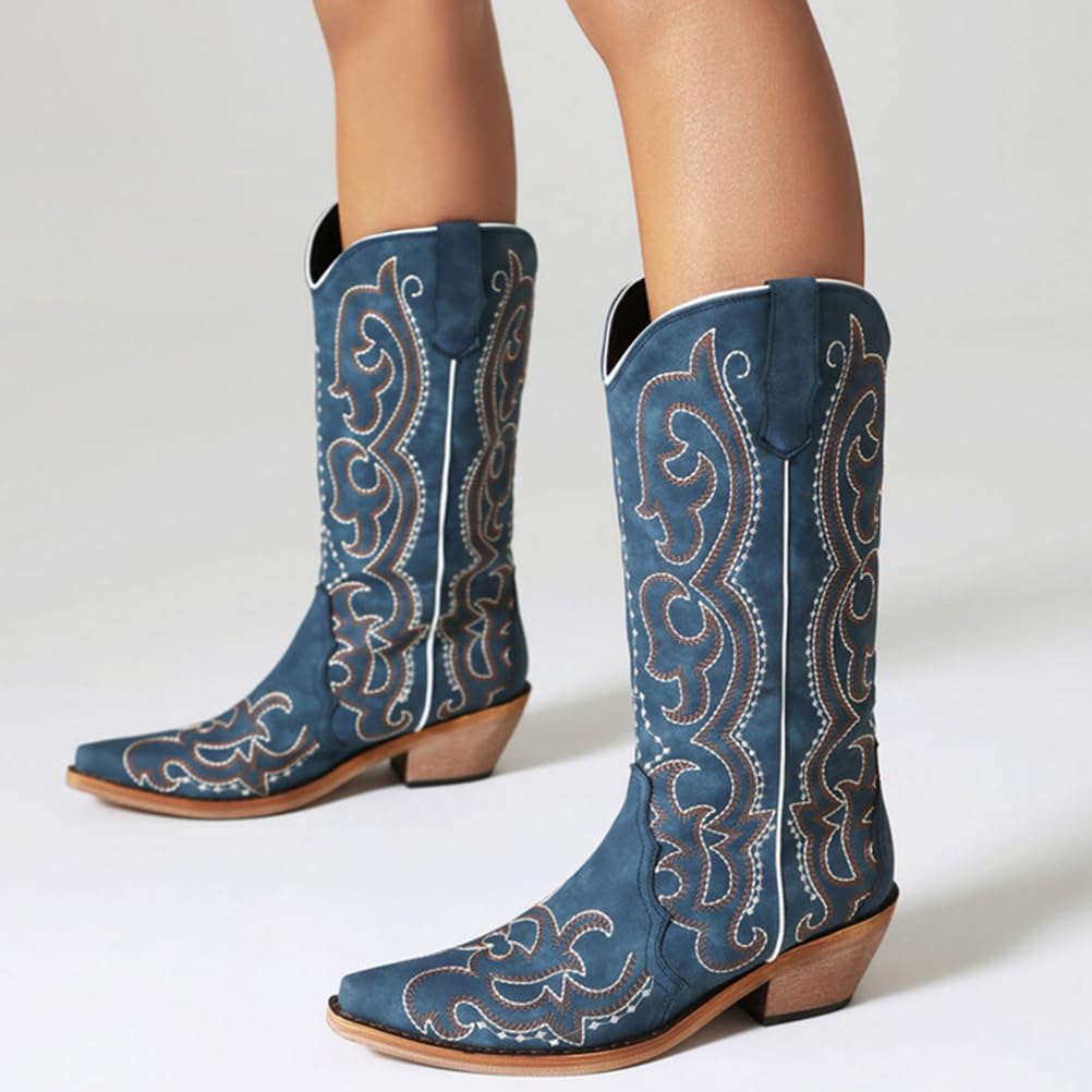 Stivali Cowboy Donna Western in Camoscio Blu Navy con Ricamo Tacco Largo in Legno Stile Country Rodeo Danza
