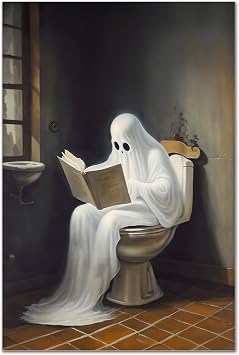 Ghost on Toilet Canvas Wall Art Unique Bathroom Decor Ghost in Bathroom Print, Vintage Poster, Art Poster Print, Halloween Decoration 12x18in,Unframed