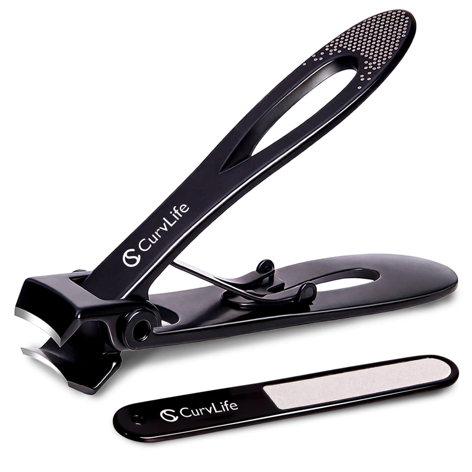 CurvLife Nail Clipper & Nail File Set, Heavy Duty Wide Jaw Toenail Clipper for Thick Nails, Anti-Splash Catcher, Non-Slip Grip, Curved Blade Trimmer with Safety Lock