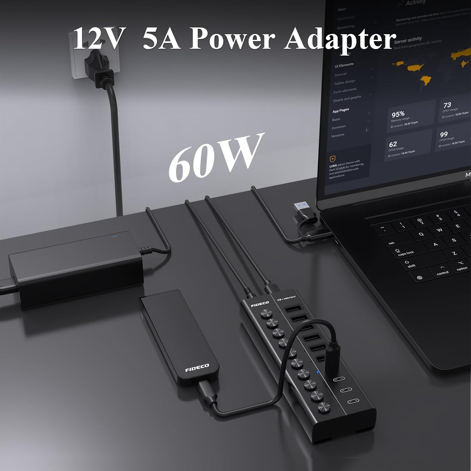 FIDECO 60W Powered USB Hub for Laptop and PC, 10-Port 10Gbps USB Splitter with 12V 5A Power Adapter, Aluminum USB 3.2 Gen 2 Multiport Adapter, 6 USB-A and 4 USB-C Ports, Support BC1.2 Charging (Black)