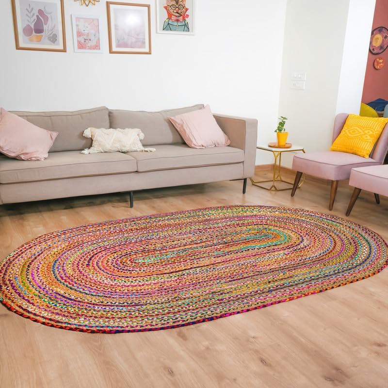 RAJRANG Multicolor Chindi Braided Rag Rug Oval 5x8 ft Handwoven with Natural Jute and Pure Cotton Reversible Farmhouse Boho Area Rugs for Living Room, Bedroom, Home Decor 5' x 8' Oval