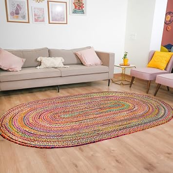 RAJRANG Hand Braided Cotton Jute Rug 4x6 feet Oval Reversible Farmhouse Accent Area Rug Boho Rustic Home Decor Colorful Recycled Chindi Carpet Multicolor