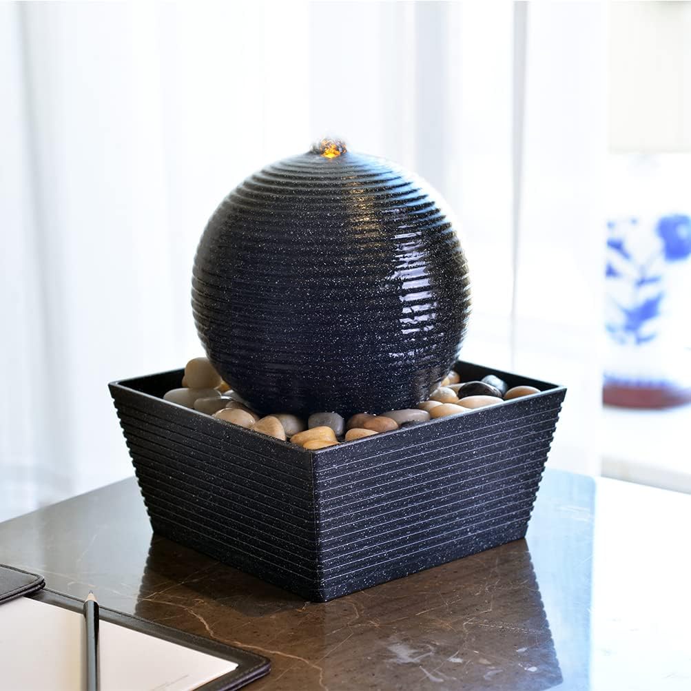 GOSSI 8.3IN Tall Decorative Tabletop Fountain Indoor Zen Fountain Ball Shape Ripple Water Fountain Quiet Meditation Fountain w/ Reflective Lighting/Cobblestone Office and Home Decor : Home & Kitchen