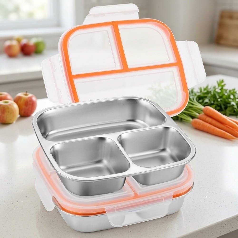 Contenitore per snack a 3 scomparti, in acciaio inox, per scuola, ufficio