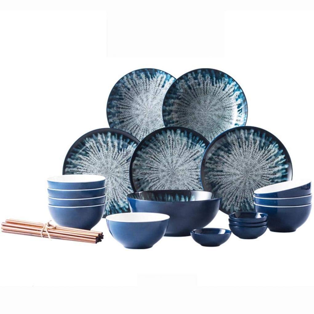 Ensemble de Plats/Assiettes/Bols, Service de Table Vintage en céramique sous glaçure, Vaisselle en Porcelaine avec Assiettes, Bols et Baguettes, 26 pièces pour (