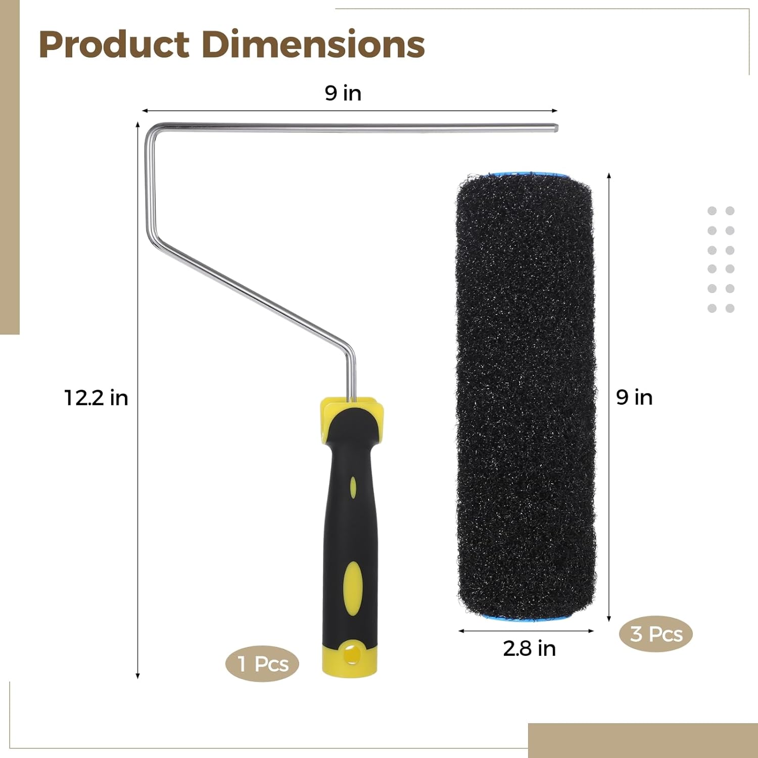 3 Pcs 9 Drywall Compound Roller Cover Set with Frame, Even Application Texture Roller Brushes, Includes Comfortable Handle