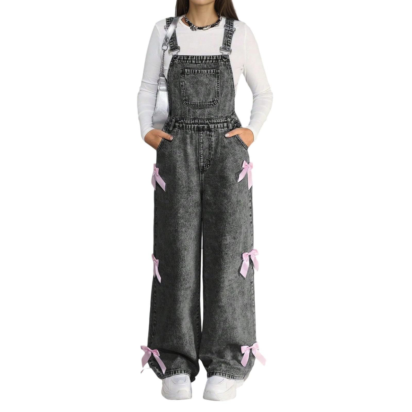 Generisch - Tuta in jeans con lavaggio a fiocco di neve, gamba larga, decorazione con fiocco, stile casual, per adolescenti, salopette in denim robusto per la scuola e il tempo libero