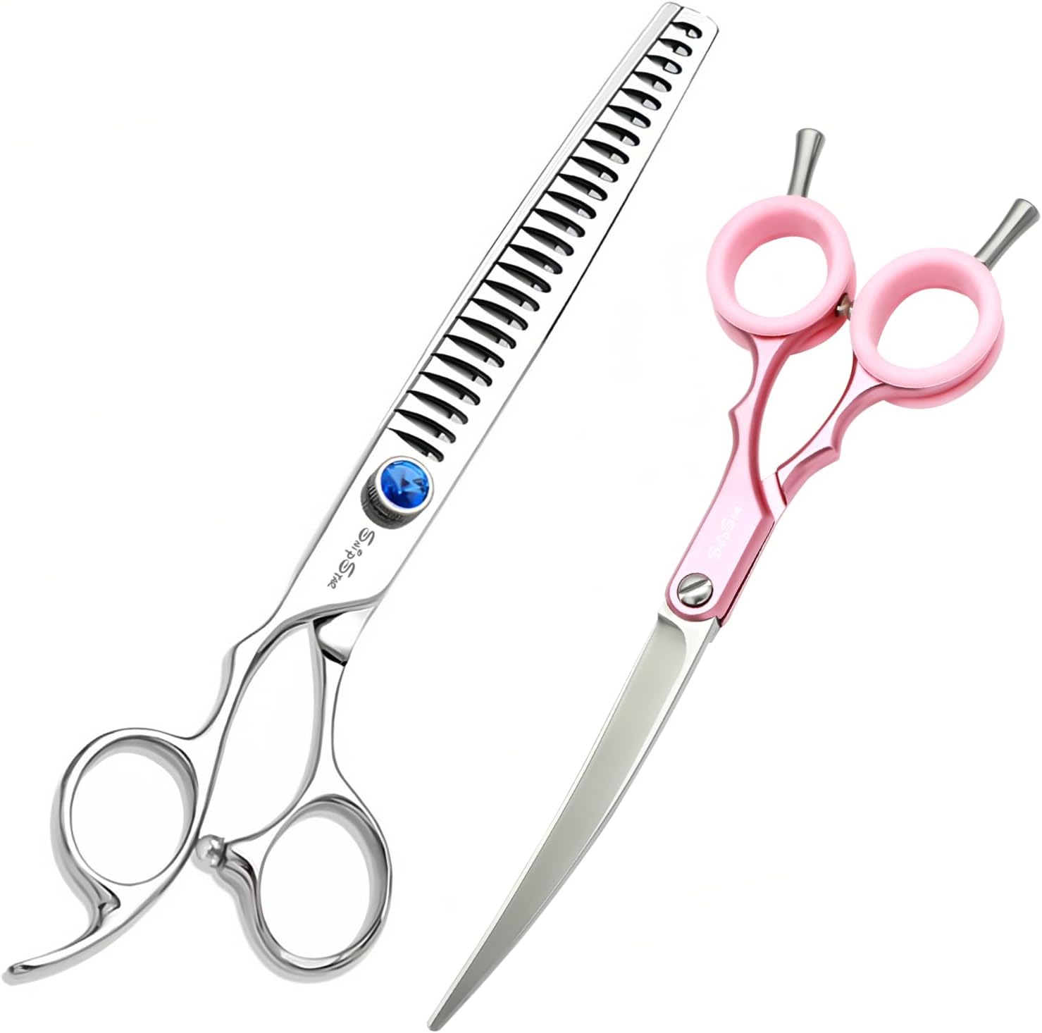 7.5in 24 Teeth Chunker & 6.75in Pink Curved Dog Grooming Scissors, Japan 30 Degree Bend, VG10 Steel Sharp Scissors for Dog Grooming, Professional Pet Thinning Shears for Dogs Cats on Face Paw