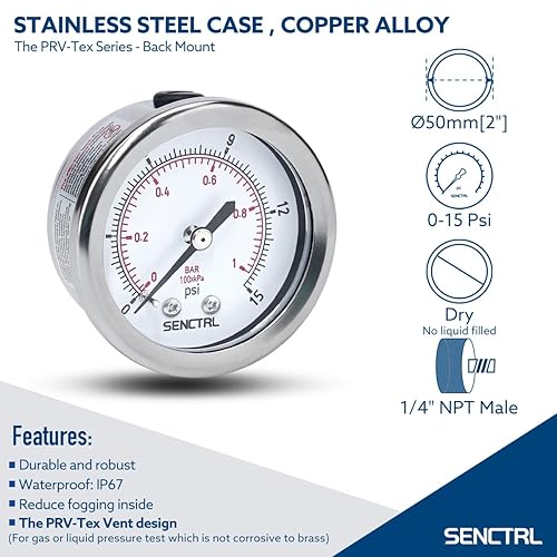 Miniatura 50 de SENCTRL Medidor de presión sin plomo de 100 psi, dial de 2 pulgadas, montaje inferior 1/4 NPT, impermeable, caja de acero inoxidable, para tanque