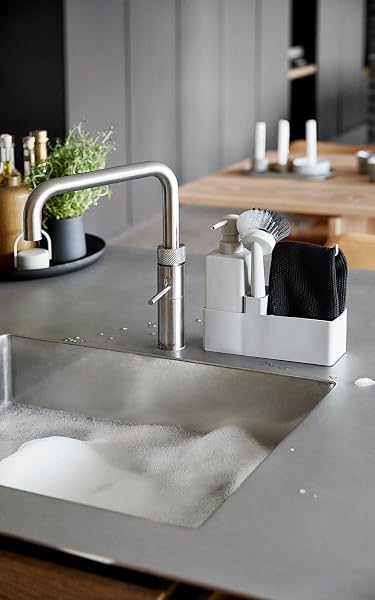 Zone Denmark Geschirrspülset, Spülorganizer mit Seifenspender/Spülmittelspender, Spültuch und Spülbürste, 19 x 6 x 20,5 cm, Set mit 4 Teilen, Warm Grey (Grau) - 2