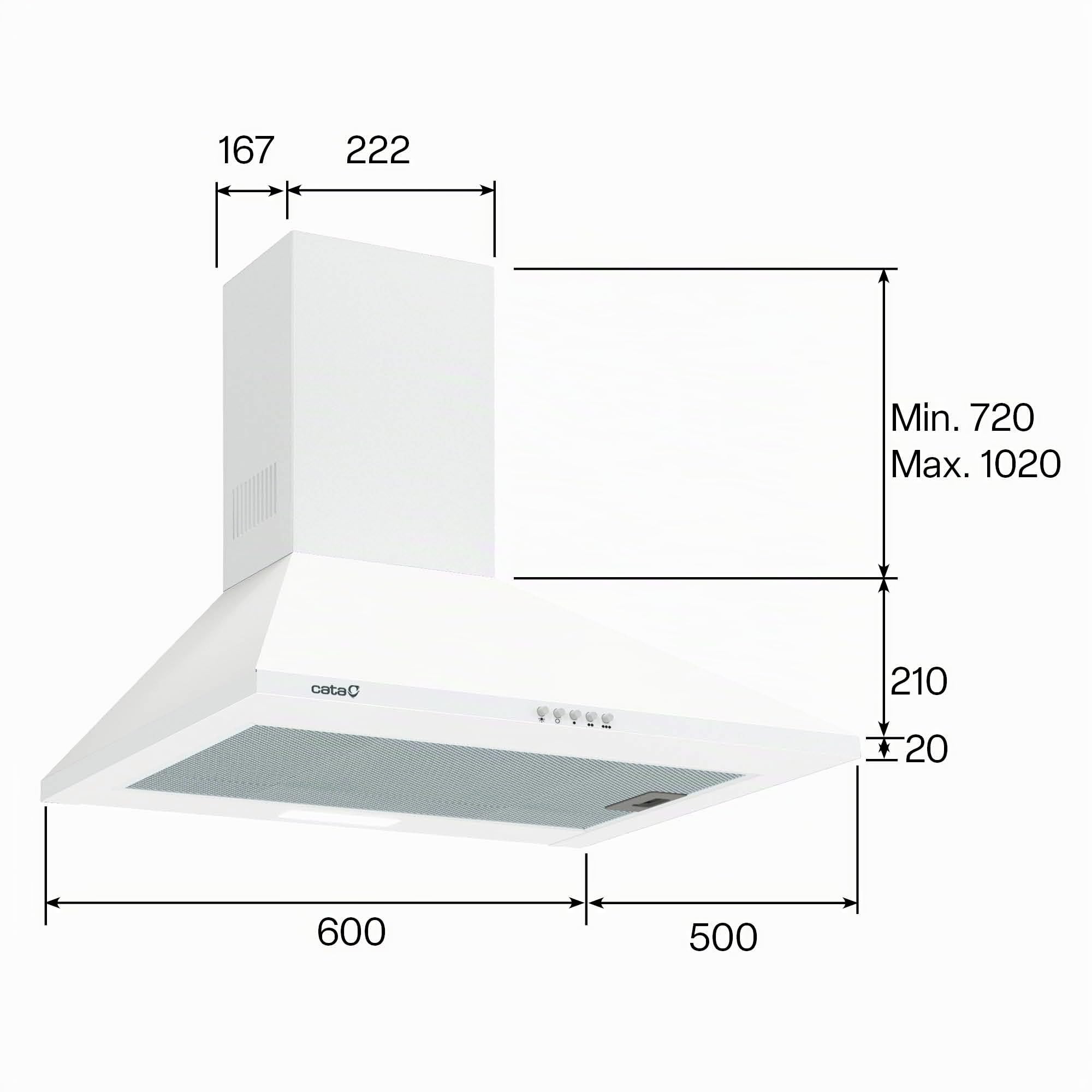 Cata | Cappa aspirante | Modello OMEGA II 600 WH | Campana decorativa da parete | 3 livelli di estrazione | Larghezza 60 cm | Finitura bianca | Classe di efficienza energetica C
