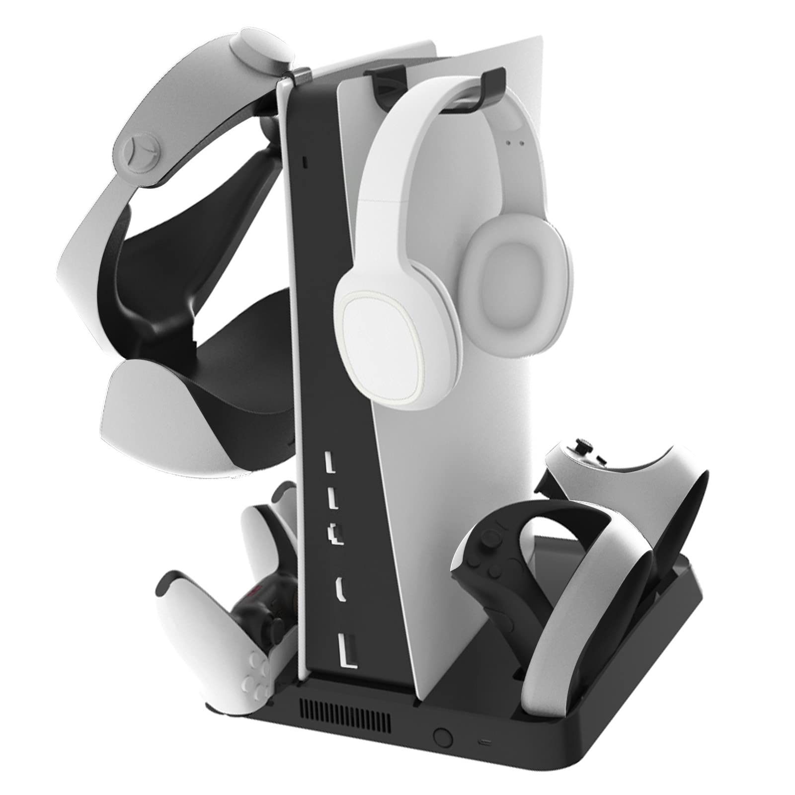 Consola Vertical de refrigeración y Soporte de Carga de mandos para PS5/PSVR2, Soporte y estación de refrigeración con 2 Ganchos para Colgar los Auriculares.