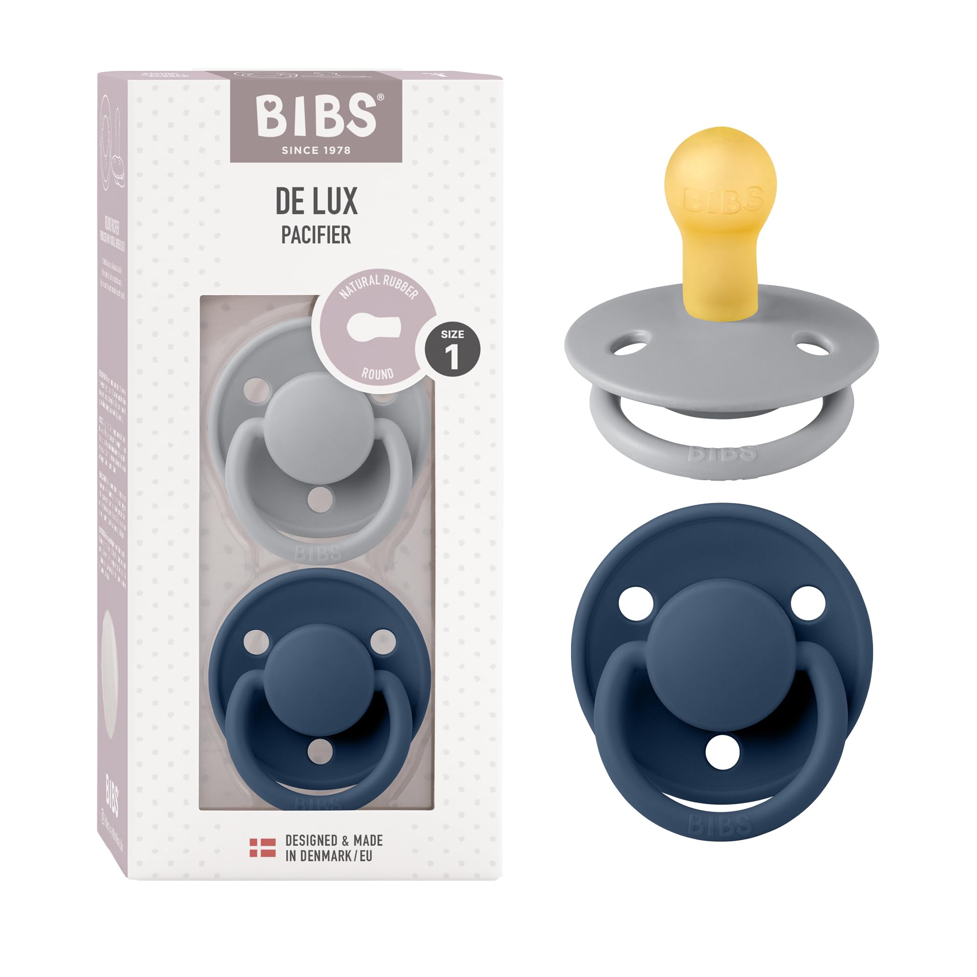Tétine BIBS De Lux. Lot de 2 sucettes. Sans bisphénol A, Téterelle ronde. Latex de caoutchouc naturel, Taille 1 (0-6 mois), Cloud/Steel Blue