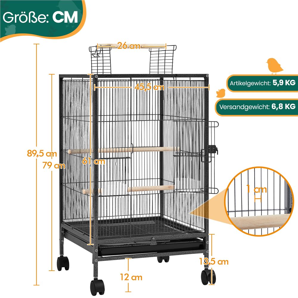 Yaheetech Vogelkäfig mit offenem Dach, Vogelvoliere mit Holzstangen und 360° drehbaren Rollen, 2 Futternäpfe & Schublade, großer Raum für Vögel, 45,5x45,5x89,5 cm