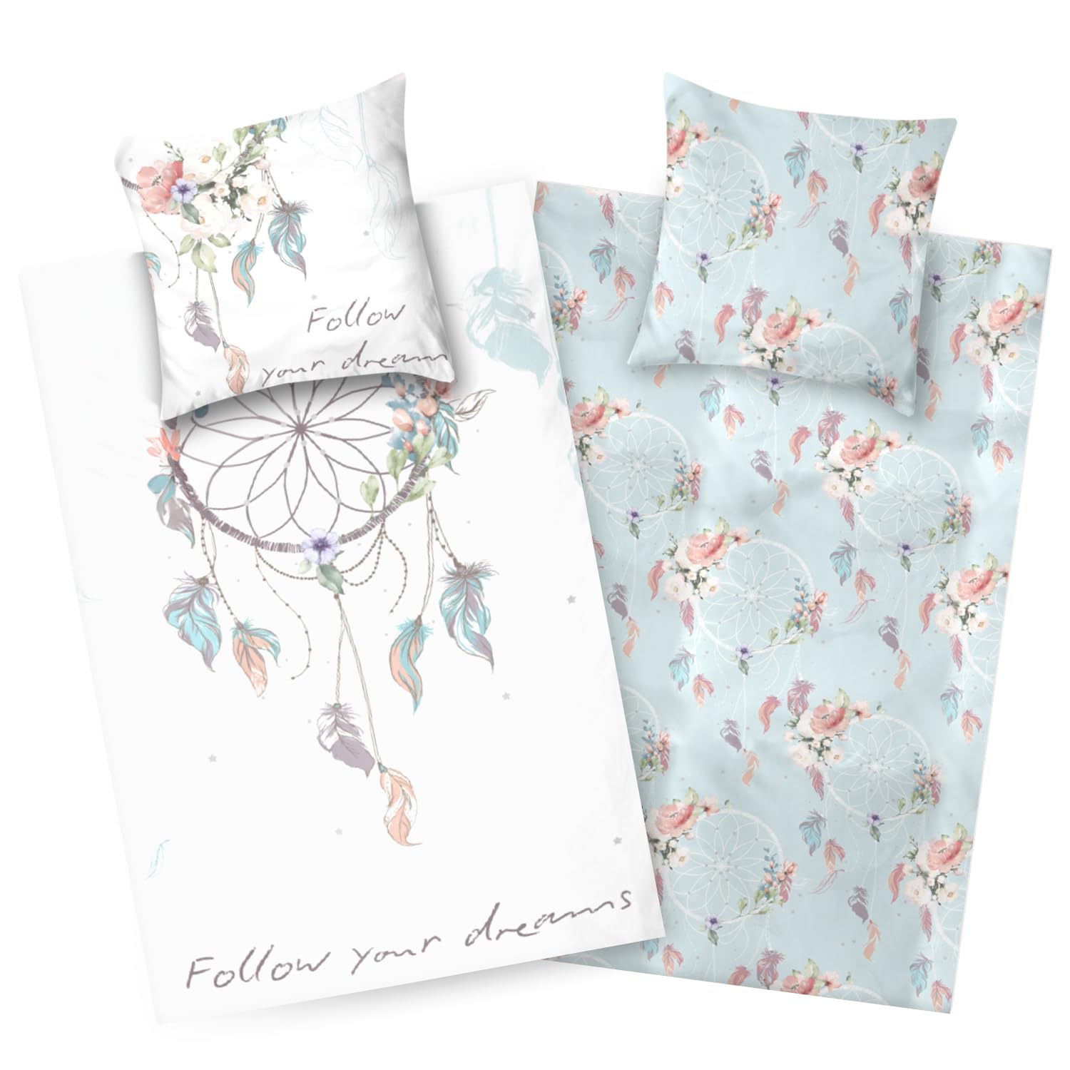 Aminata kids Bettwäsche Traumfänger 135x200 Biber 100% Baumwolle Dreamcatcher | türkis - Mädchen | warme & weiche Kinder-Wende-Bettwäsche