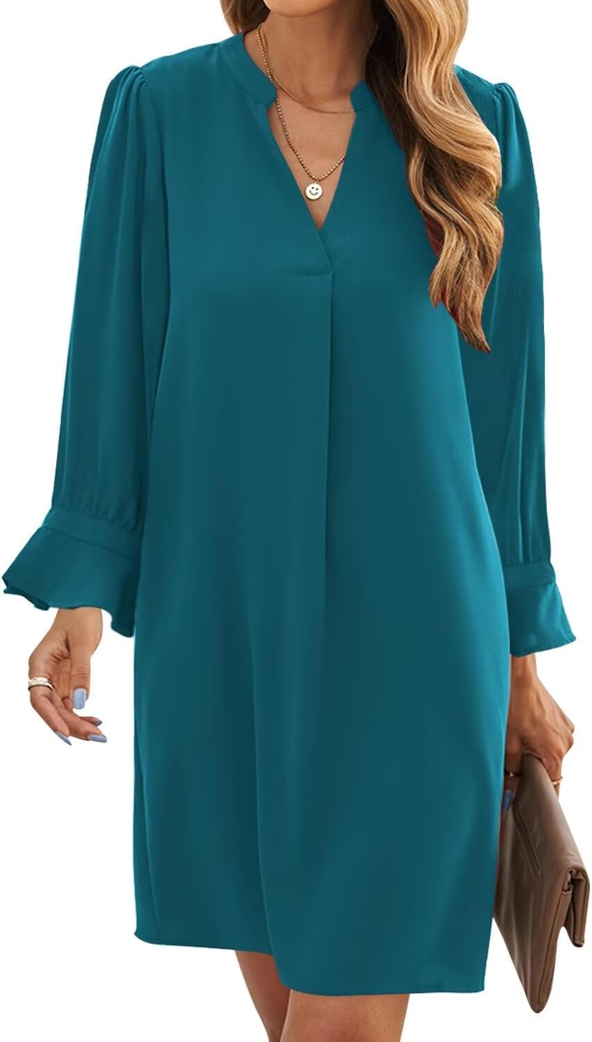 Wkior Elegant Dresses for Women V Neck Long Sleeves Casual Solid Color Dress Indigo XL