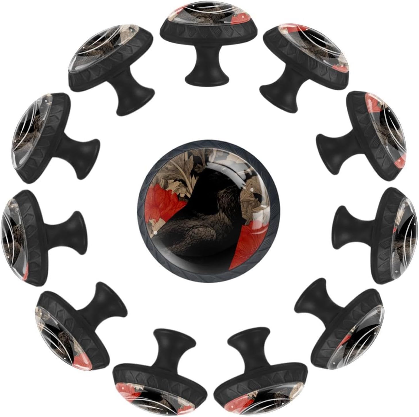 Black Base Crow (1) Printed Drawer Knobs, Elegant Cabinet Pulls for Kitchen Bedroom, Furniture Hardware for Dresser Closet