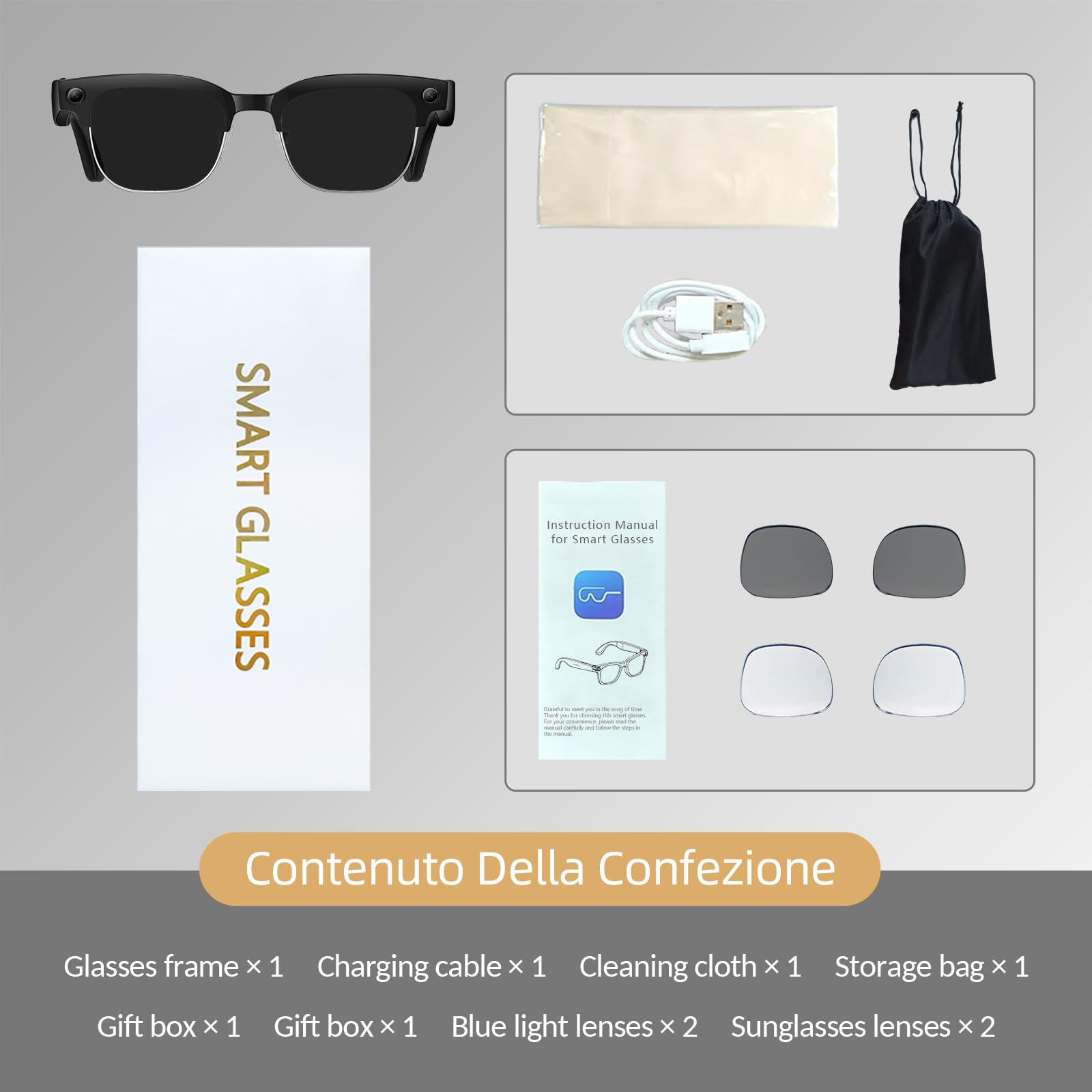 Lunettes Connectées W630 - Caméra Vlog 8MP, Traduction IA en Temps Réel, Appel Bluetooth & Musique, Verres Solaires et Anti-Lumière Bleue Inclus