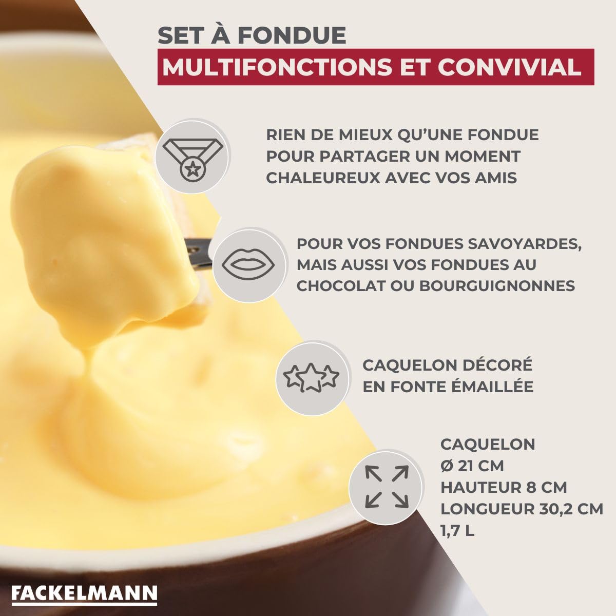 Fackelmann 686949 Service à fondue savoyarde pour 4 personnes, fondue bourguignonne, 1 caelon, 1 poêle, 1 brûleur 6 fourchettes, fonte émaillée, acier inoxydable, bois, rouge, diamètre 21 cm, 1,8 l