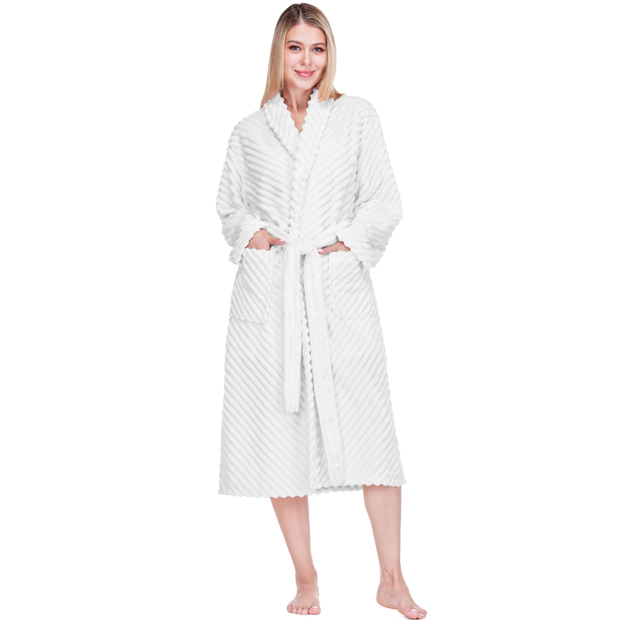 PAVILIA Super Soft Womens Robe, Fluffy Plush Fuzzy Cozy House Shower Bathrobe, Ribbed Striped Warm Fleece Long Robe for Women