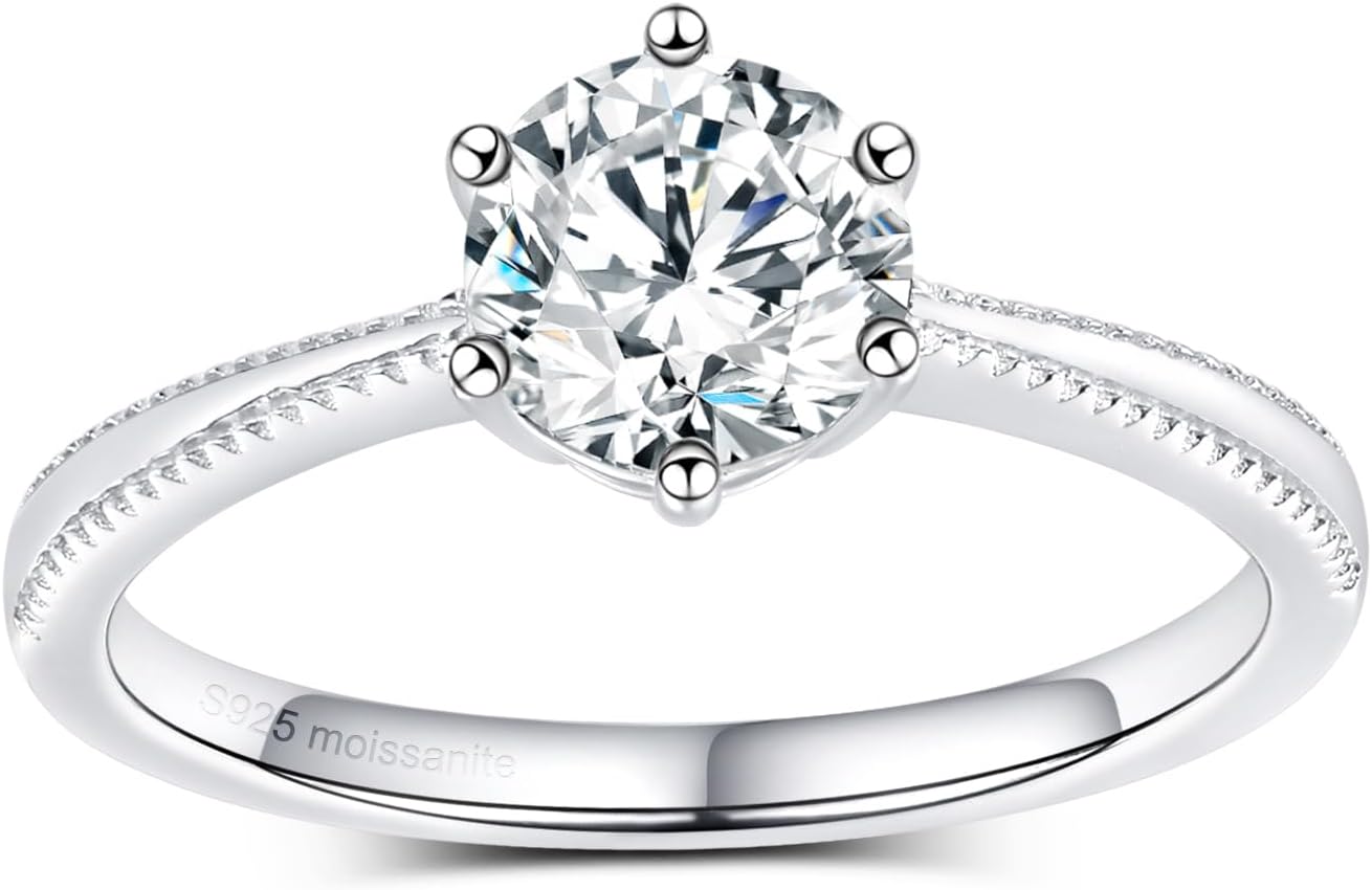 VOLUKA White Gold Plated 925 Silver Moissaite Ring For Women 0.5CT - 1CT Lab Diamond Promise Ring Wedding Engagement Silver Moissanite Ring