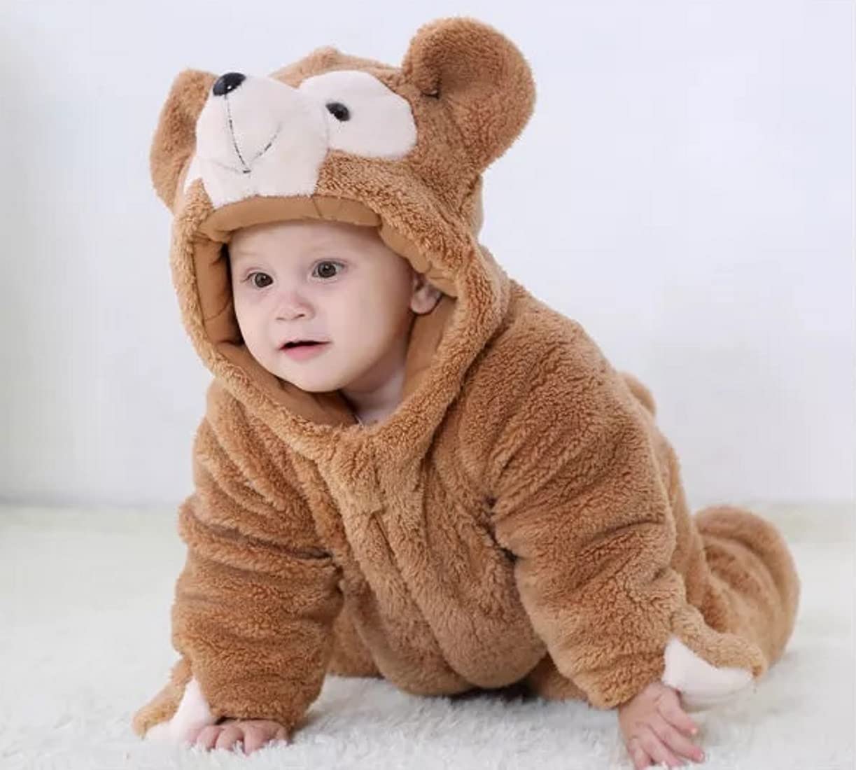BRANDONN Unisex Baby Flannel Jumpsuit Panda Style Cosplay Clothes Bunting Outfits Snowsuit Hooded Romper Outwear (Camel TeddyBear, 12-18 Months) 1
