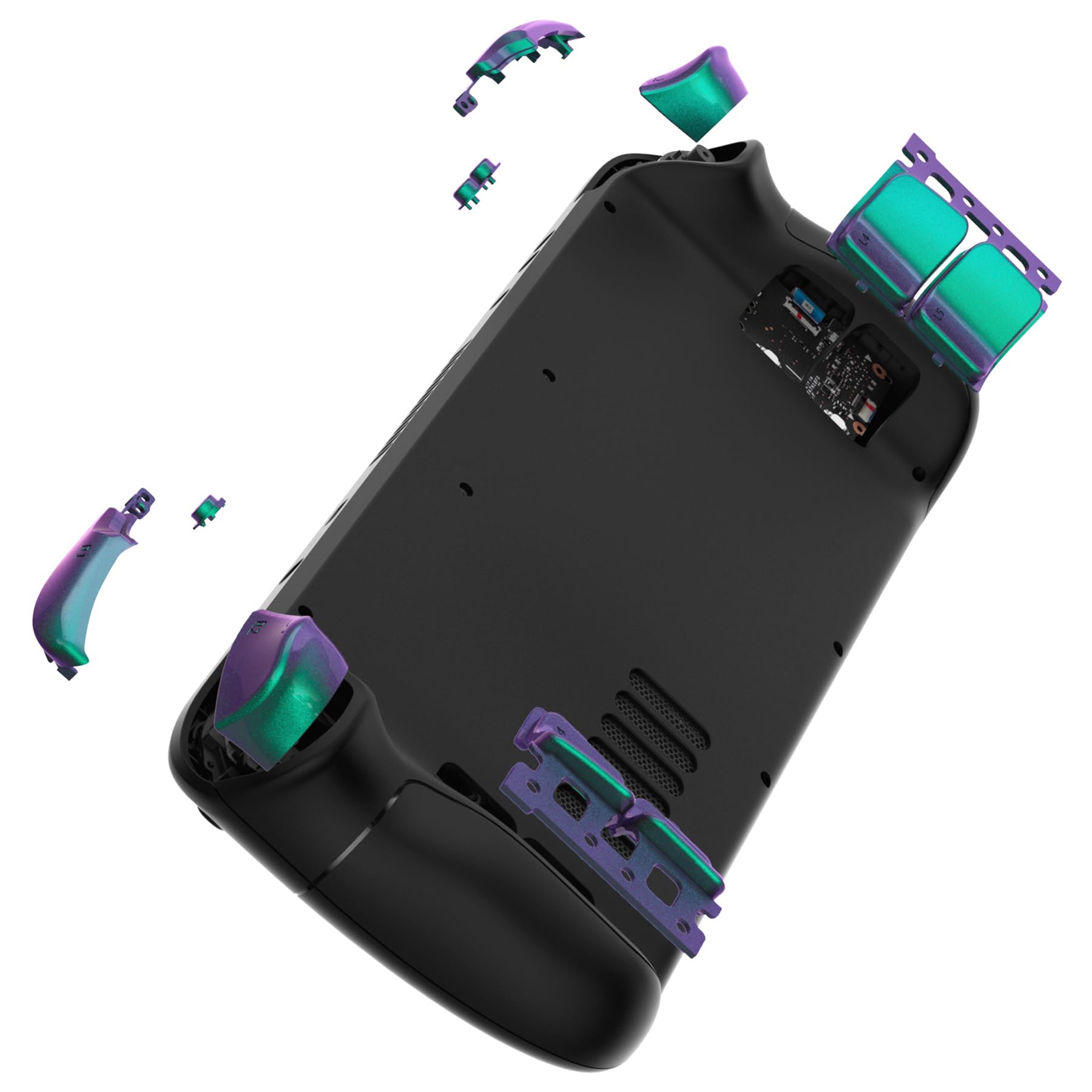 eXtremeRate Tasti Kit per Steam Deck LCD,Pulsante ABXY D-Pad Trackpad Bumpers Trigger Grilletti Ricambio per Steam Deck LCD con Cacciaviti(Senza Console)-Camaleonte Verde Viola