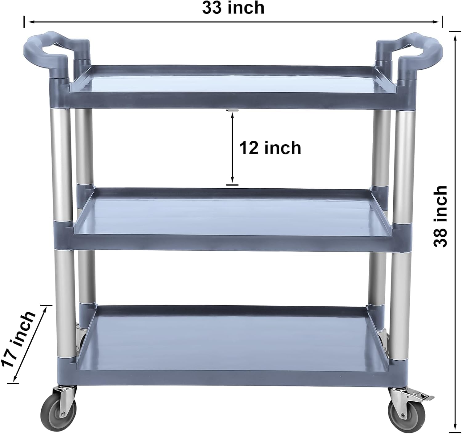 Utility Service Cart 3 Shelf, Rolling Push Cart with Brake Wheel, Plastic Heavy Duty 3-Tier Food Service Cart for Office, Warehouse, Garage, Restaurant, Cleaning, 360lbs Capacity, Gray