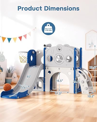 Miniatura 6 de Babytronic Tobogán para niños pequeños, tobogán 8 en 1 para niños con aro de baloncesto, telescopio y escalador, tobogán para bebés, parque infantil