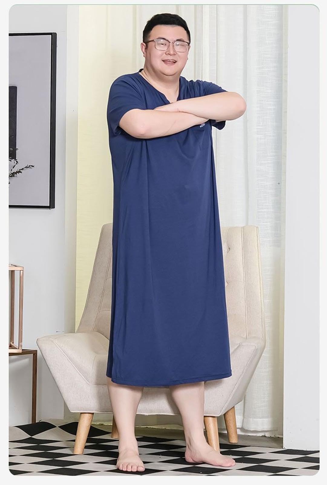 Generic Męska koszulka nocna w rozmiarze plus size Wygodna koszula nocna z krótkim rękawem Big & Tall Henley,Blue,3XL