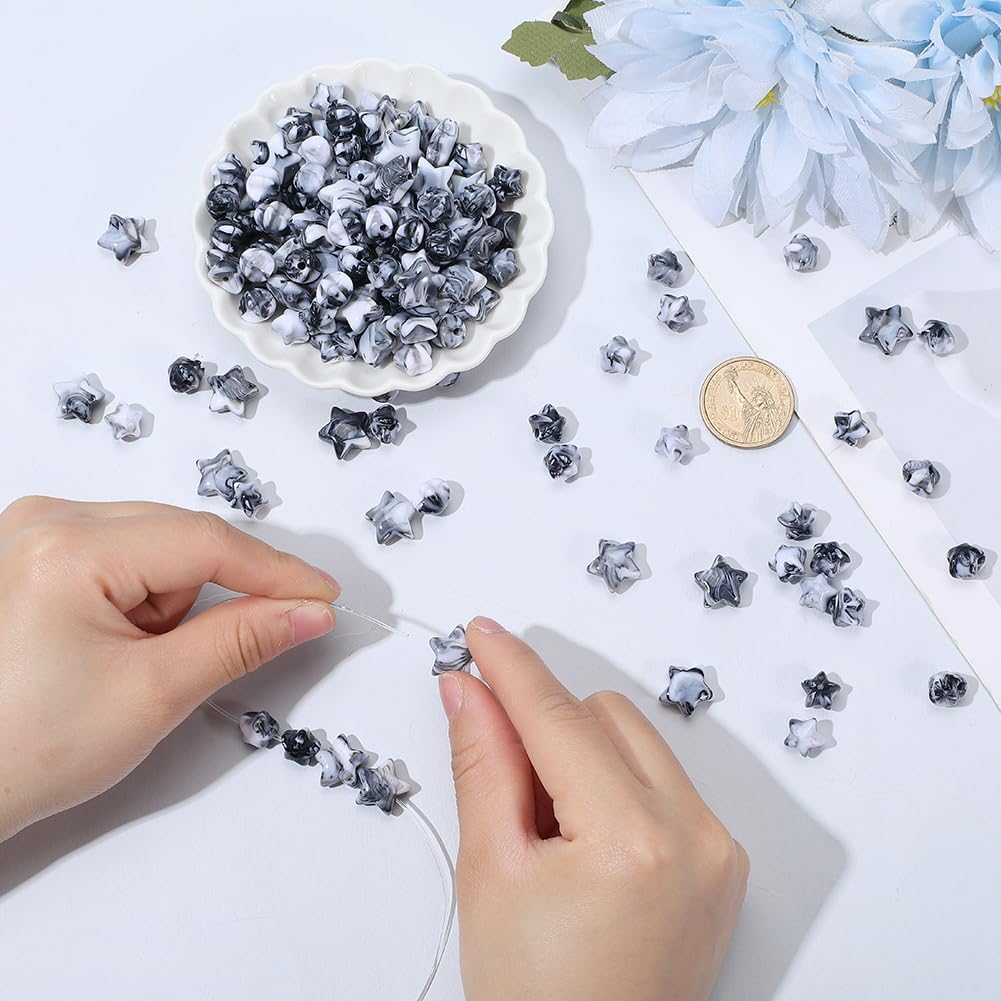 1 Box 300Pcs Acrylic Star Beads Imitation Pentagram Resin Stone Black White Plastic Five Point Stars Shape Celestial Loose Spacer Bead for Jewelry Making Bracelet Earrings DIY Craft Supply - Image 3