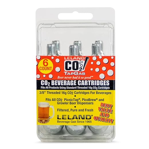 Cooler Keg 16g CO2 Cartridges – 3/8” Threaded, Food-Grade Beverage-Grade Gas Canisters for 6L (1.75 Gal) Cornelius Kegs, Portable Beer Kegs & More | Disposable & Recyclable – (4) 6 packs
