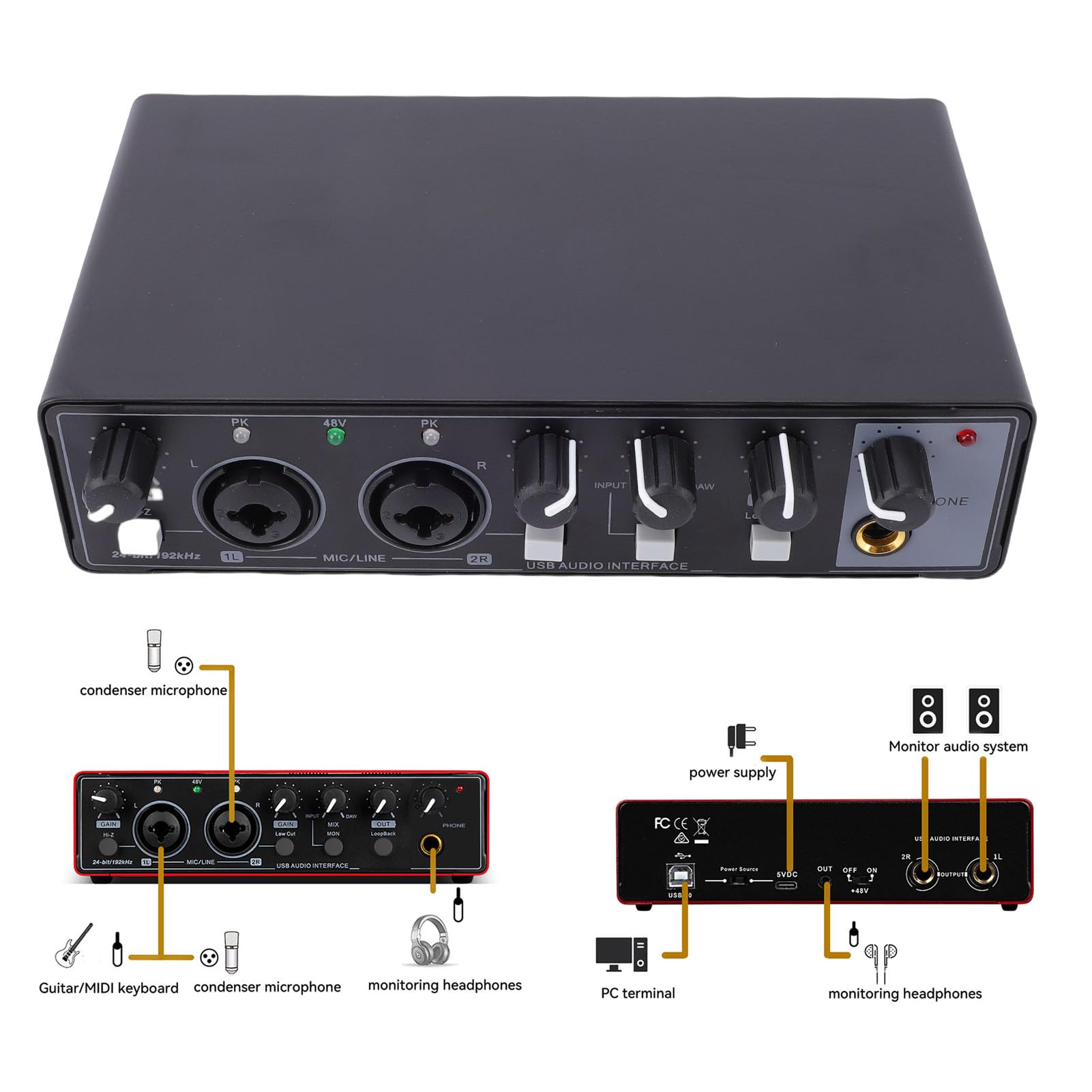 Bewinner Interfaz de USB C, Grabación de 24 Bits a 192 KHz con Preamplificador Transparente y Entrada Hi Z, para Músicos que Transmiten Podcasting, PC, Mac, Software DAW (BLACK)