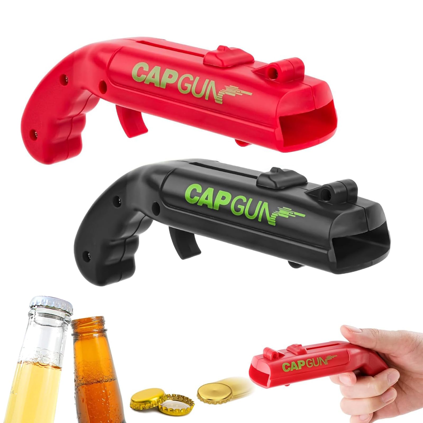 Bottle Cap Opener, 2Pcs Bottle Cap Gun Beer Bottle Opener, Funny Men's Gifts, Beverage Bottle Cap Launcher, Cool Stuff, for Home Bar Parties, Xmas Party, Funny Men's Christmas Gifts（Black+Red）