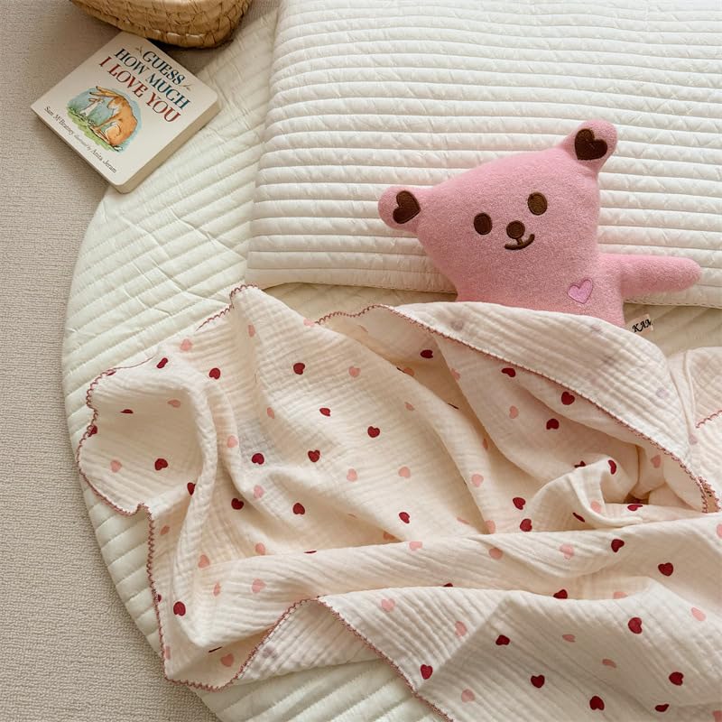 Image of BuLuTu Muslin Baby Toddler Blankets for Girls Boys Soft Lightweight Gauze Crib Blanket Thin Nap Blanket, Shower Gift, 47"x51", Pink Heart Pattern