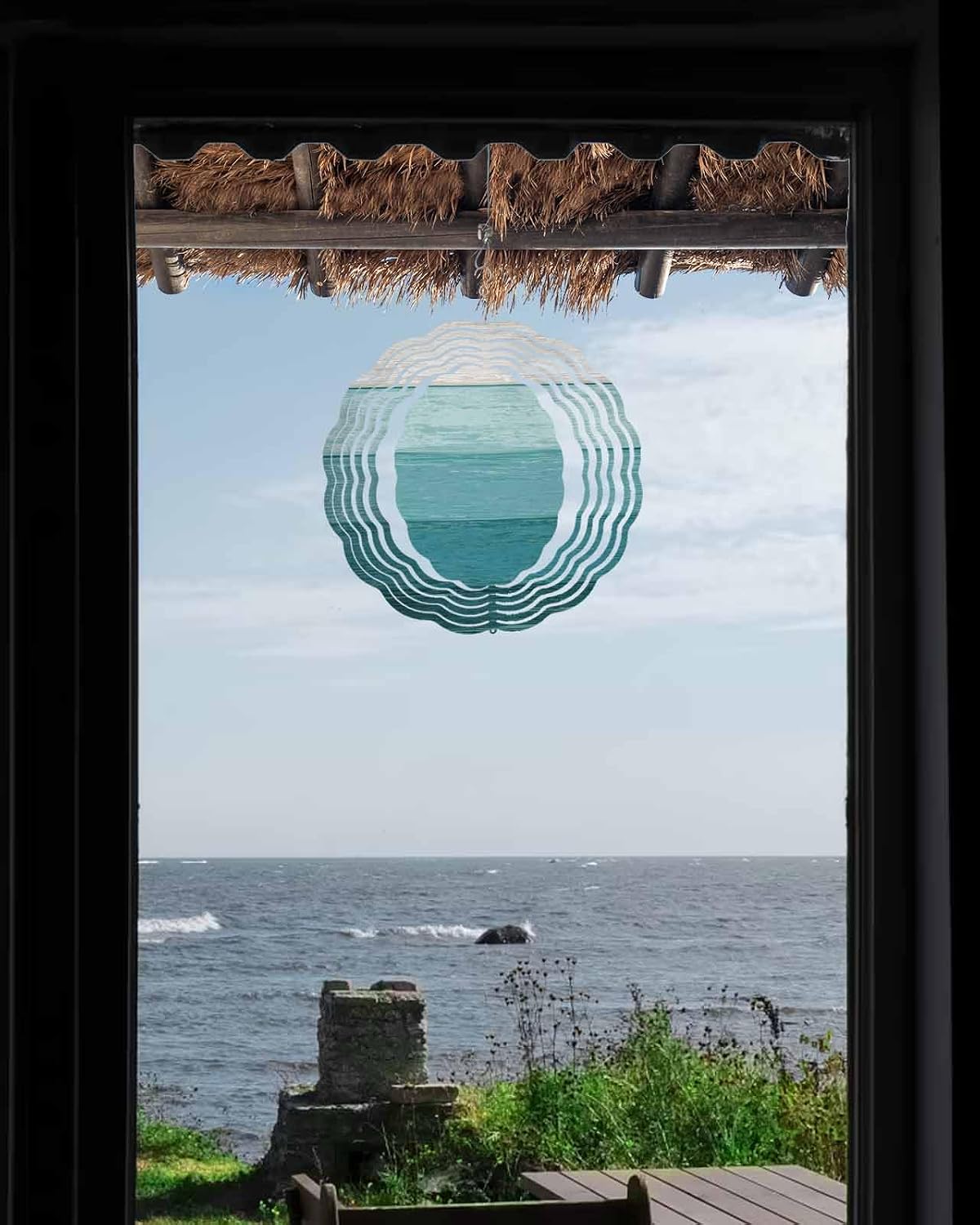 Rustic Wind Spinners, Gradient Teal Green Wood Grain Hanging Wind Spinners for Yard and Garden 3D Stainless Steel Metal Sculptures Crafts Ornaments 12 Inch