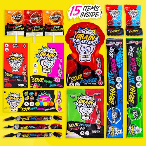 Image of Brain Blasterz Sour Candy Gift Box - 15 Individually Wrapped Assorted Bulk Candy Variety Pack, Vegan, Fathers Day Gift for Men, Halloween Candy, Christmas Gift Idea