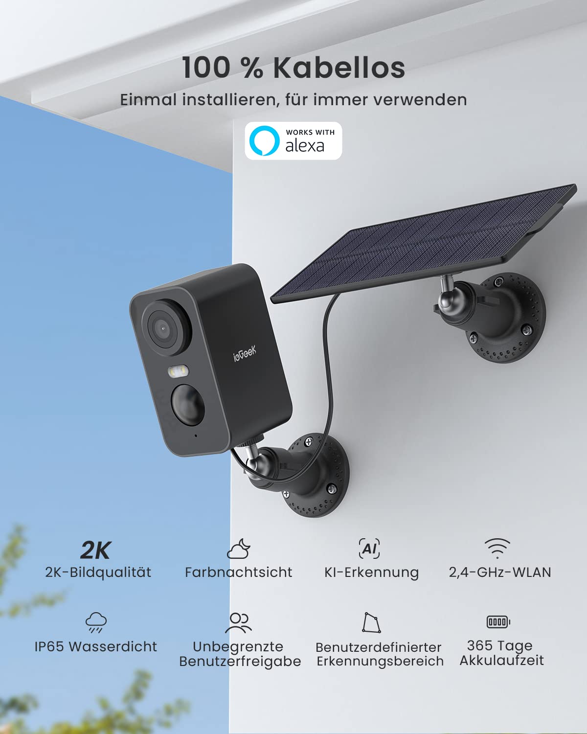ieGeek 2K/3MP Solar Überwachungskamera Außen mit Akku, 2,4GHz WLAN Kabellos | Einfache Installation, 5200mAh Aussenkamera Wlan Kabellos mit Farbige Nachtsicht, PIR-Bewegungserkennung, IP65, 2-Wege Audio