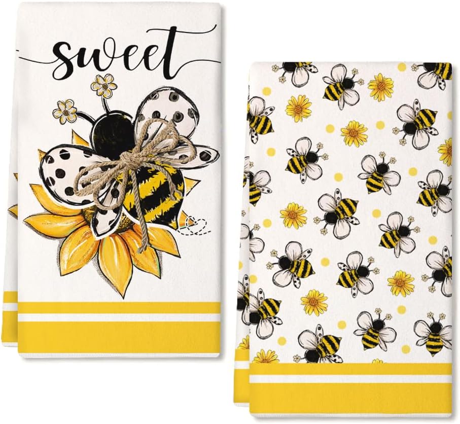 Bee Sunflower Summer Kitchen Towels Set of 2,Yellow Floral Dish Hand Towels Farmhouse Indoor Outdoor Holiday Seasonal Decorations DD102