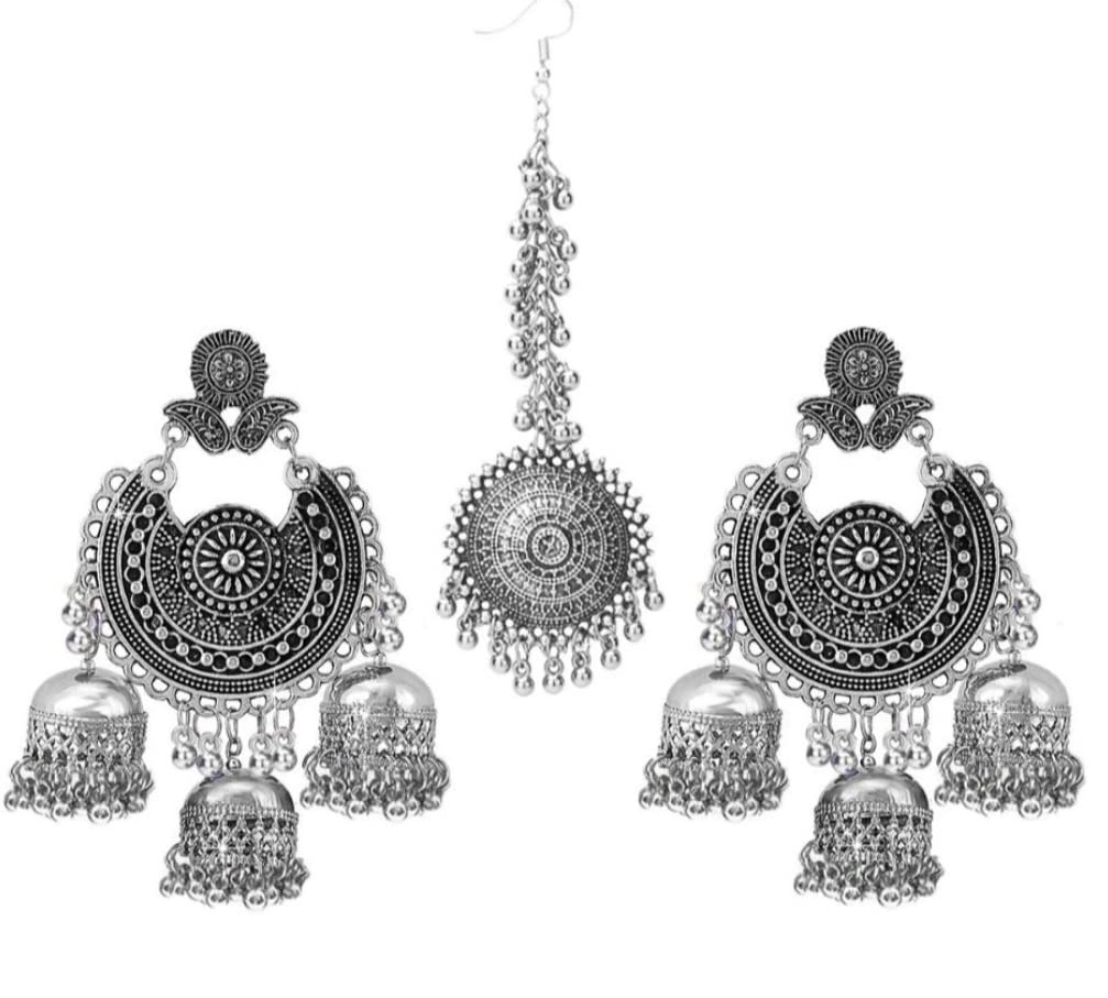 BUTTERCAP TRADERS Ethnic Design Jhumka With Mangtika Jewellary Set For Girls & Women (Padmavat-Silver) (B0BSFV9N33) Amazon Price History, Amazon Price Tracker
