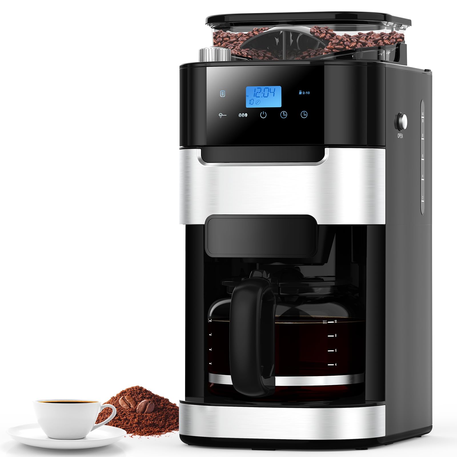 Joy Pebble 10-Cup Drip Coffee Maker with Built-in Grinder, Touch-Screen Programmable Brew Coffee Machine with Timer, 8 Grinding Settings, Reusable Filter, Keep Warm Plate, 50.7oz Water Tank