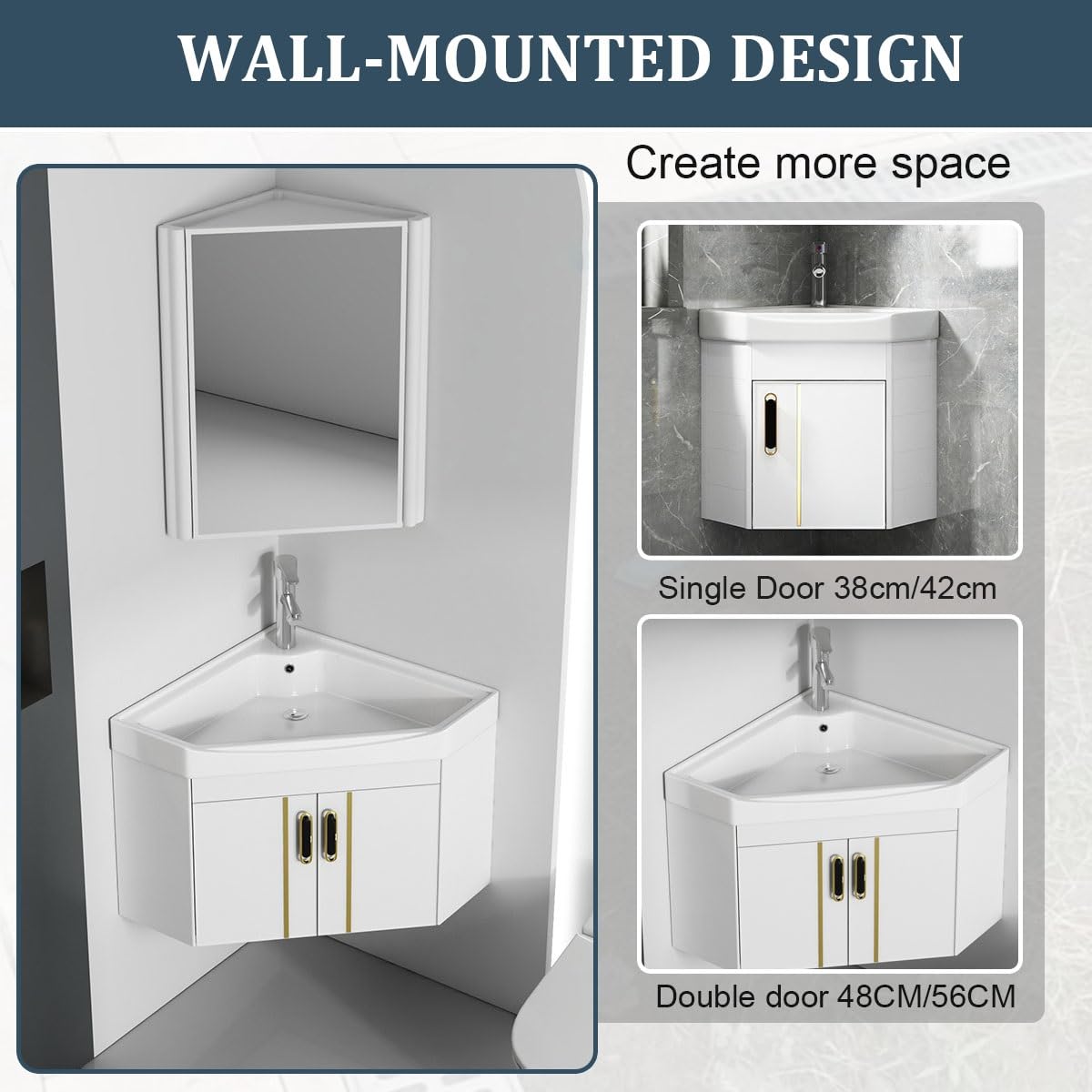 Mueble de baño de esquina suspendido con lavabo, espejo, grifo y accesorios, ahorro de espacio para baños pequeños(White,48cm/18.8in)